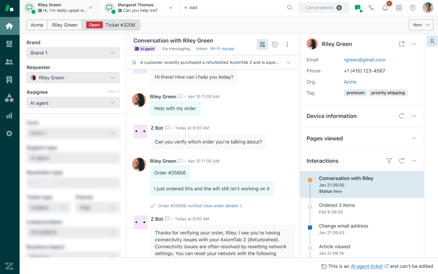 Zendesk ticket screenshot showing an AI agent chatting with a customer and customer details on the right