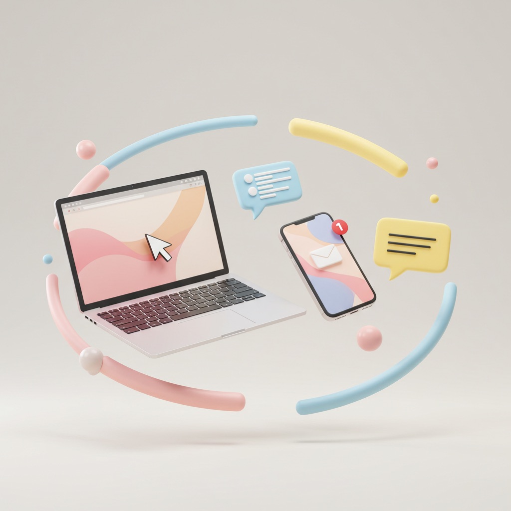 floating laptop, phone, and message bubble in a circle floating laptop, phone, and message bubble in a circle