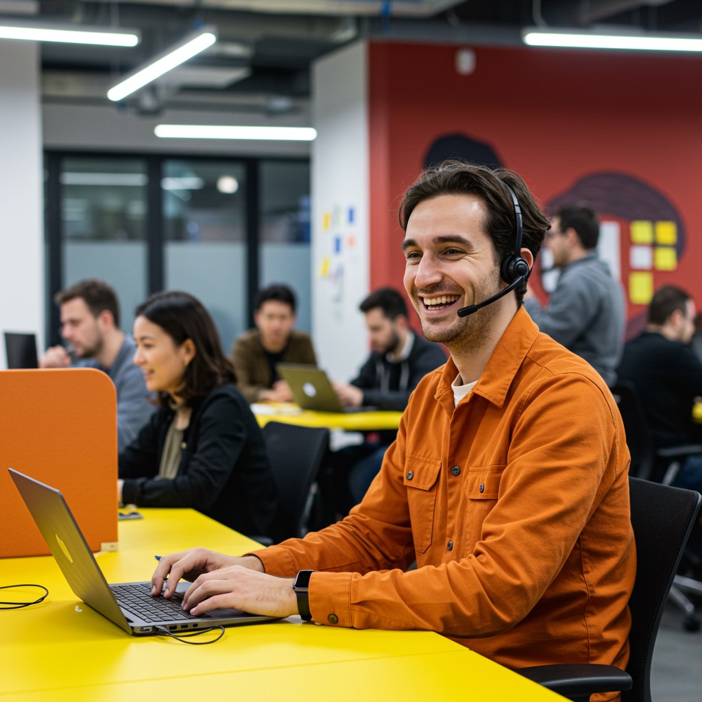 smiling man wearing an orange jumper, with a headset, in the background a colourful co-working space