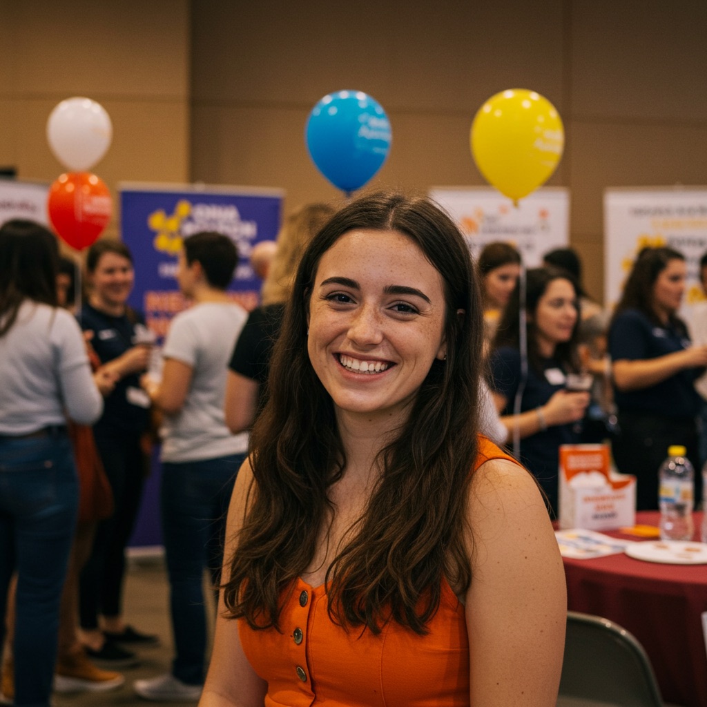 smiling woman wearing an orange jumper, in the background of a not-for-profit fundraising event