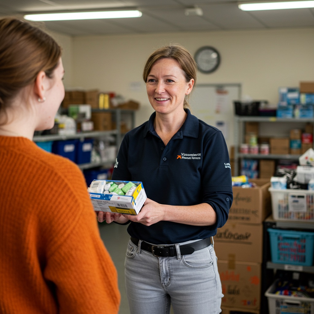 smiling woman wearing an orange jumper, in the background of a volunteering support worker for a not-for-profit
