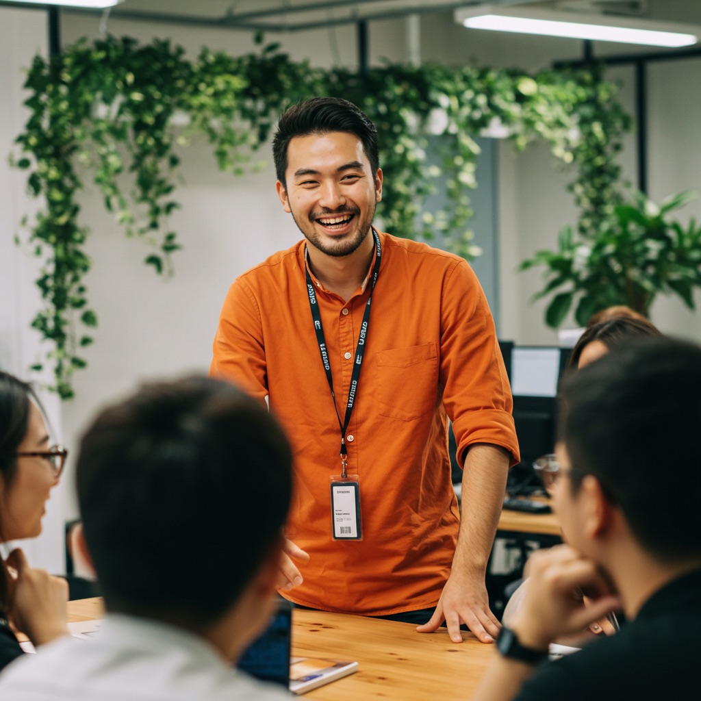 smiling young  man accountant wearing an orange top talking its employees, with plants on the background