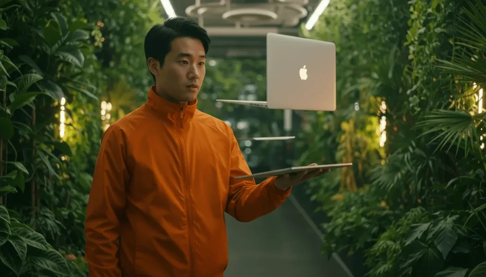 A man in an orange shirt holding a deconstructed laptop