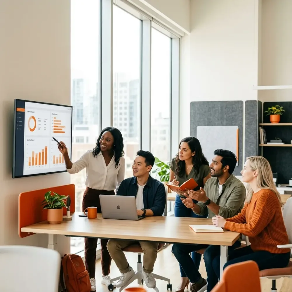 A team working together around a laptop