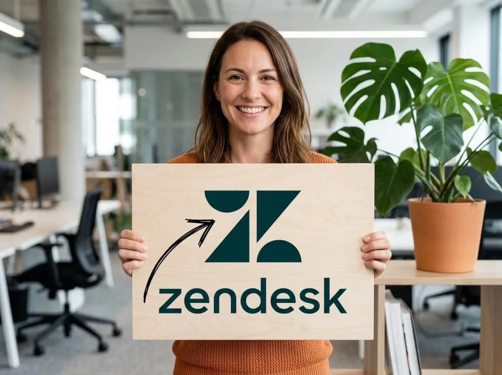 A Gravity CX consultant holding a Zendesk sign