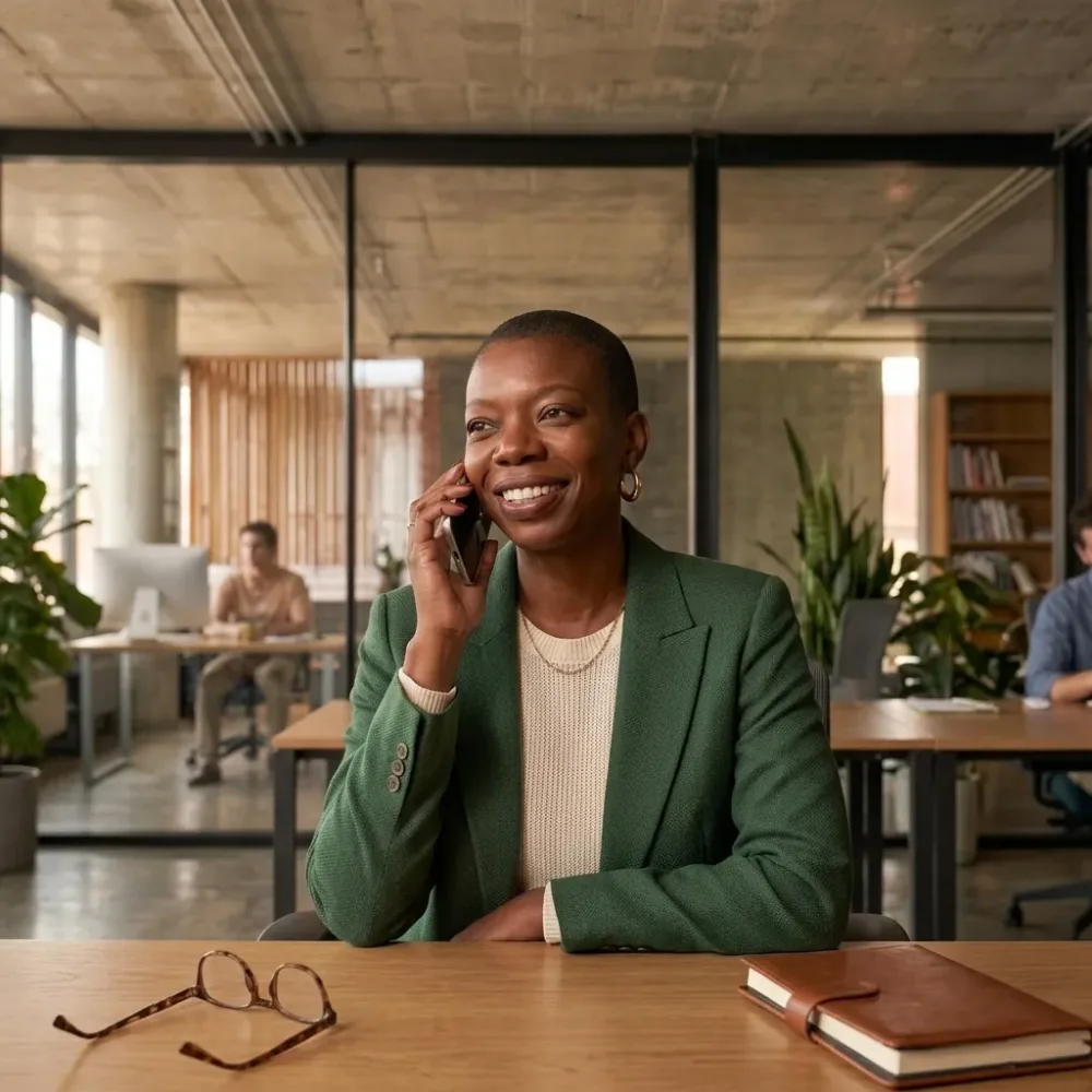 A smiling woman on the phone
