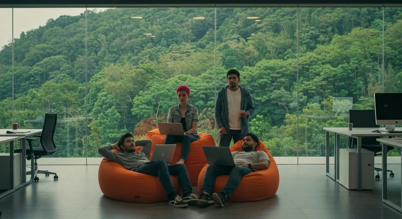 Startup team collaborating on an orange bean bag in a bright modern office