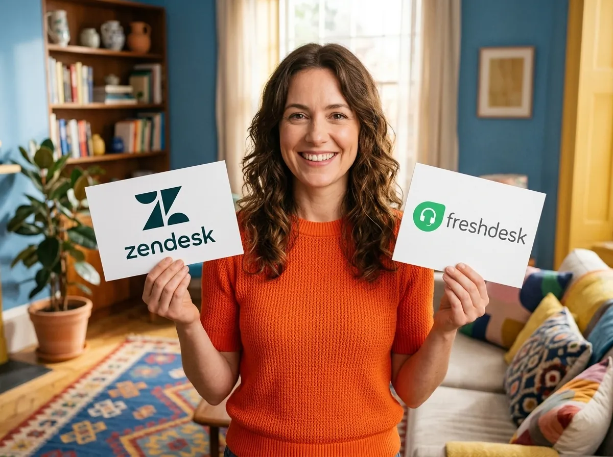 Zendesk vs freshdesk woman holding sign